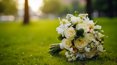 Beautiful bridal bouquet on a green lawn.の素材