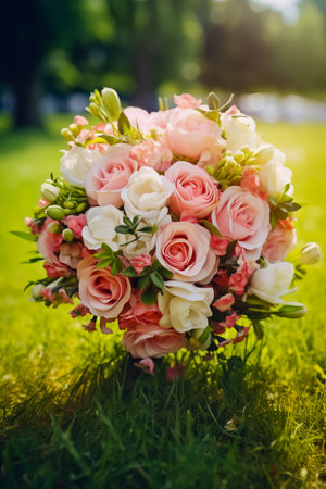 Beautiful bridal bouquet on a green lawn.の素材