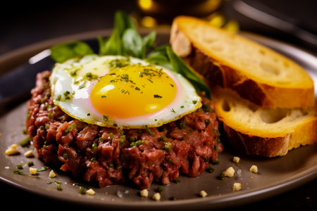Beef steak tartare with raw egg yolk. French cuisine. Top view. Serving food in a restaurant.の素材