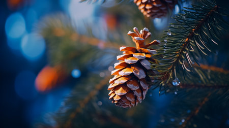 Beautiful long orange pine cone and branches, close - up macro shot at winter.の素材