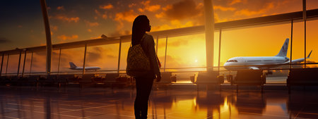 Woman silhouette looking to aircraft in the airport hall - missed or canceled flight concept.の素材