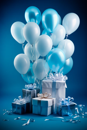 Bunch of blue and white balloons and presents on blue background with blue wall.の素材