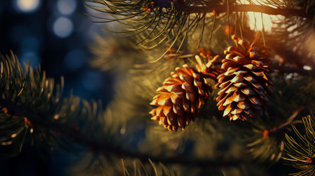 Beautiful long orange pine cone and branches, close - up macro shot at winter.の素材