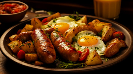 Breakfast with sausages, eggs and potatoes with vegetable salsa and Golan sauce. Healthy and tasty breakfast on a plate.の素材