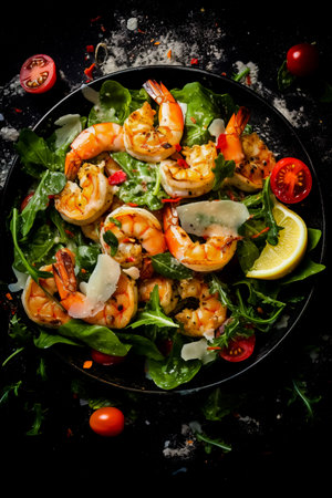 Caesar salad with grilled shrimp on a dark background, top view. Photo for the menu.の素材