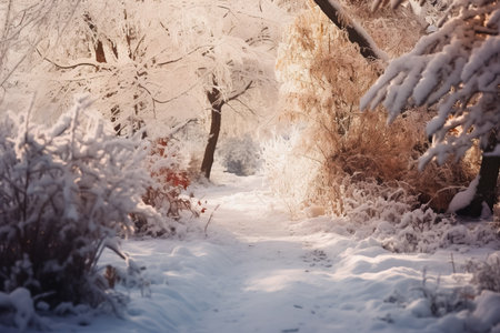 Bushes and trees after a big snowfall. Snow - covered alleys of parks and gardens. Branches of bushes and trees in winter in nature.の素材