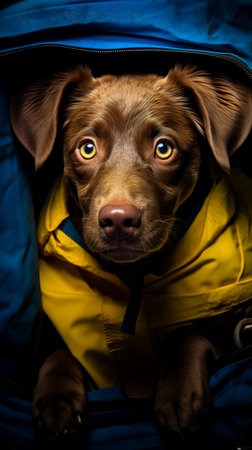 Brown dog with blue eyes sitting in blue and yellow bagの素材