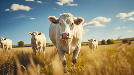 French Charolais cows gracefully roaming in a picturesque meadow on a sunny day.の素材