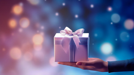 Christmas and new year event concept with beauty, woman's hand with winter fabric holding white gift box with blue ribbon and giving it with isolated pink background.の素材