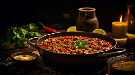 Chilli con carne soup on a dark background. Mexican food. Healthy food concept.の素材