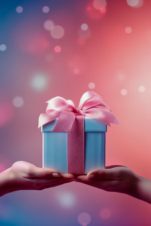 Christmas and new year event concept with beauty, woman's hand with winter fabric holding white gift box with blue ribbon and giving it with isolated pink background.の素材