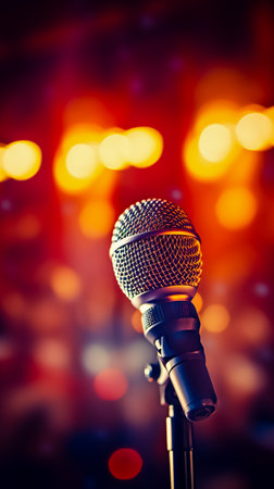 Close up of microphone in concert hall. Empty concert hall.の素材