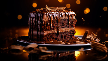 Chocolate cake with different layers. Healthy food. Delicious homemade dessert on a dark background.の素材
