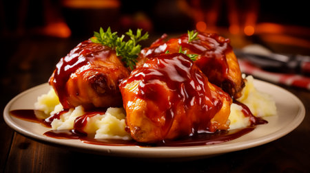 Chicken legs wrapped in bacon with barbecue sauce on mashed potatoes. Serving food in a restaurant. Healthy food concept. Photo for the menu.の素材