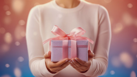 Christmas and new year event concept with beauty, woman's hand with winter fabric holding white gift box with blue ribbon and giving it with isolated pink background.の素材