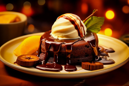 Chocolate fondant. A dessert dish call chocolate lava, include vanilla ice cream and banana.の素材