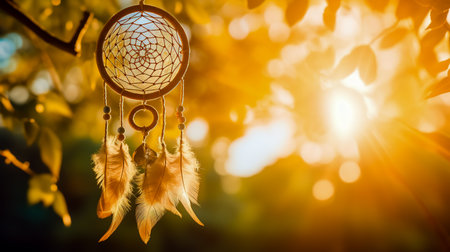 Close up of dream catcher hanging from tree in the sun.の素材