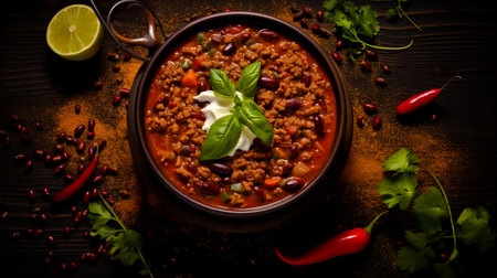 Chilli con carne soup on a dark background top view. Mexican food. Healthy food concept.の素材