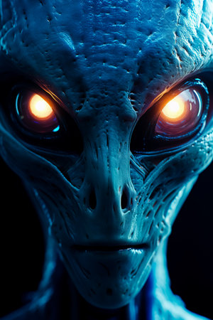 Close up of alien face with green eyes and blue sky in the background.の素材