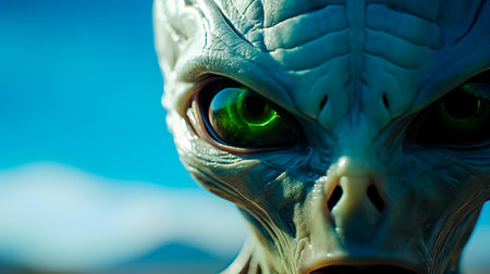 Close up of alien face with green eyes and blue sky in the background.の素材