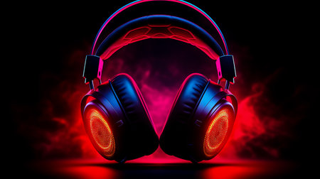 Close up of pair of headphones on black background with red light.の素材