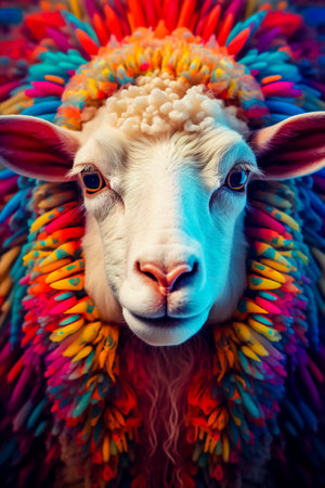 Close up of sheep with multicolored pattern on it's face.の素材