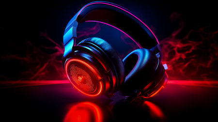Close up of pair of headphones on black background with red light.の素材