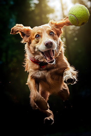 Dog jumping in the air with ball in it's mouth.の素材