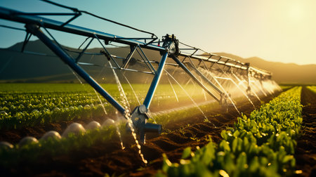 Close up of watering system in the field. An irrigation pivot watering a field.の素材