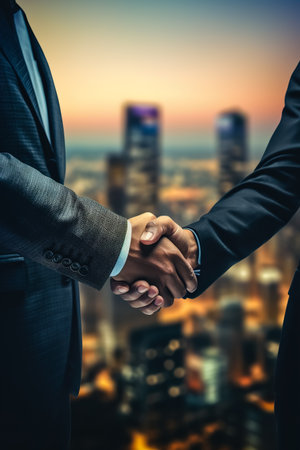 Close up of two men in suits shaking hands in front of cityscape background.の素材