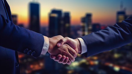 Close up of two men in suits shaking hands in front of cityscape background.の素材