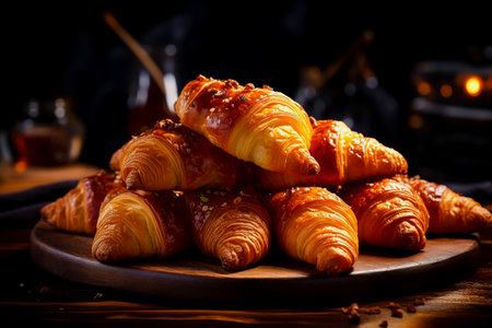 Delicious croissants with chicken filling on a black table.の素材