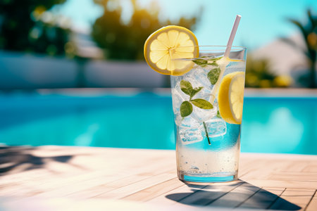 Cold drink lemonade on the background of the pool.の素材