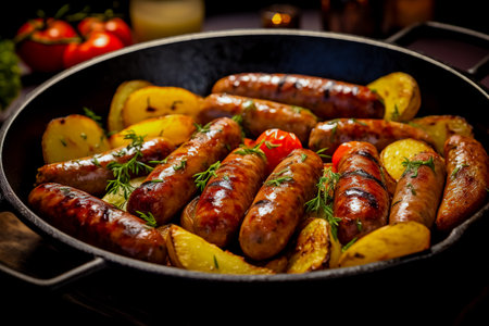Different sausages in a pan with fried potatoes. Photo for the menu.の素材