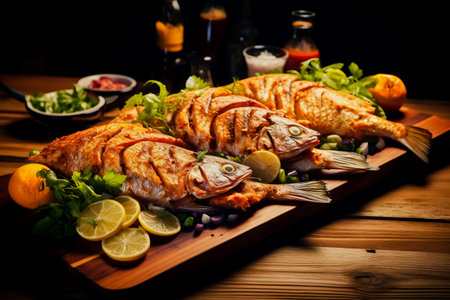 Different fried fish on the board. Serving food in a restaurant.の素材