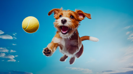 Dog jumping in the air with ball in it's mouth.の素材