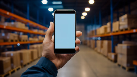 Closeup of man hands using mobile phone in warehouse, white screen, mockup, with industry background. logistic wholesale storehouse, Online shopping concept.の素材