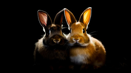 Couple of rabbits sitting next to each other on black background.の素材
