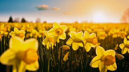 Daffodils in field blooming spring in the Netherlands. Yellow daffodil field. Spring dutch daffodil field as a floral background.の素材