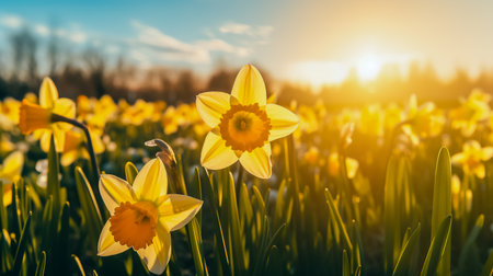 Daffodils in field blooming spring in the Netherlands. Yellow daffodil field. Spring dutch daffodil field as a floral background.の素材