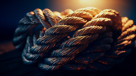 Close up of thick rope wrapped in a circle.の素材