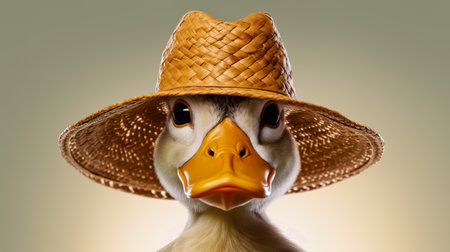 Duck with straw hat on it's head looking at the camera.の素材