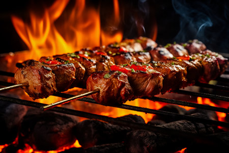 Fresh meat shish kebab cooked on charcoal. Shashlyk on the grill.の素材