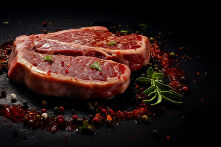 Fresh, raw pork steak with spices on a dark background. fresh meatの素材