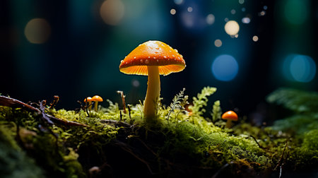 Edible orange - cap mushroom growing in green moss. Leccinum aurantiacum.の素材