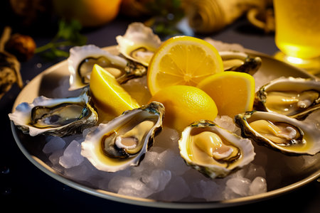 Fresh large oysters, beautifully presented with lemon slices, on a pristine white plate, an exquisite seafood delicacy.の素材