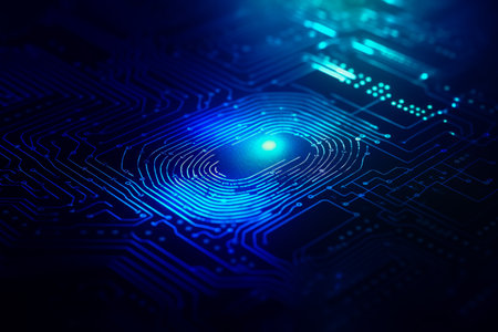 Fingerprint on electronic blue background.の素材