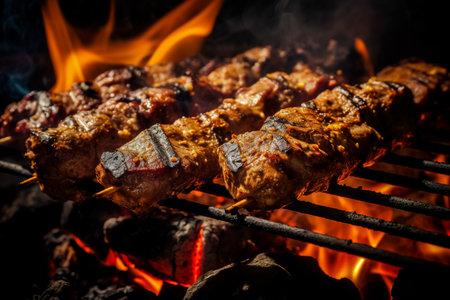 Fresh meat shish kebab cooked on charcoal. Shashlyk on the grill.の素材