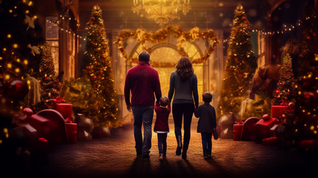 Family arriving at Grandparents to celebrate Christmas together.の素材