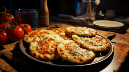 Fried pita bread with cheese and tomatoes.の素材
